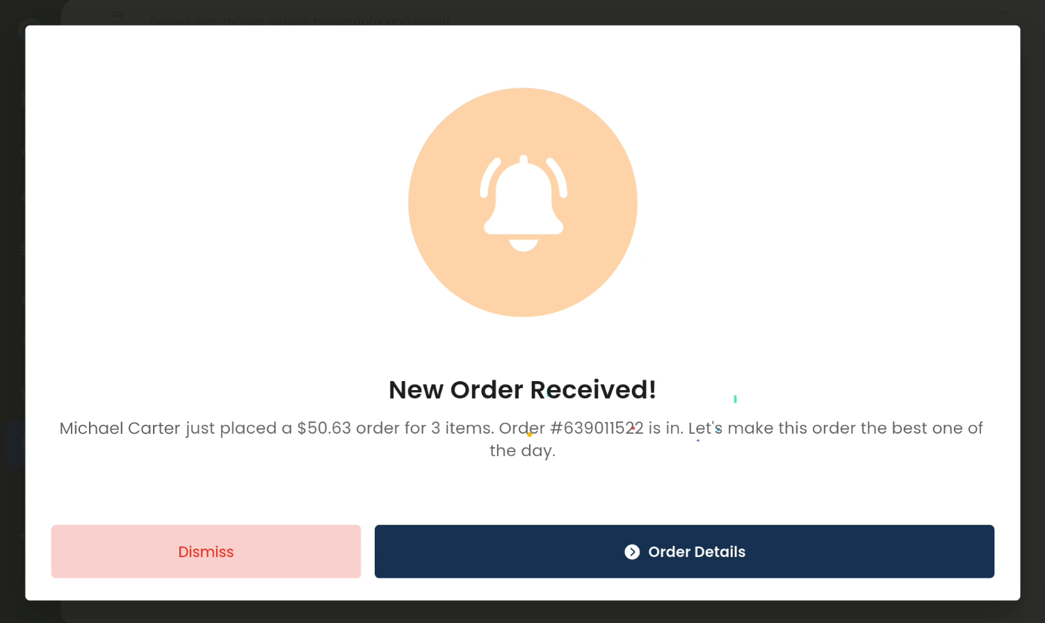New order alert on tablet