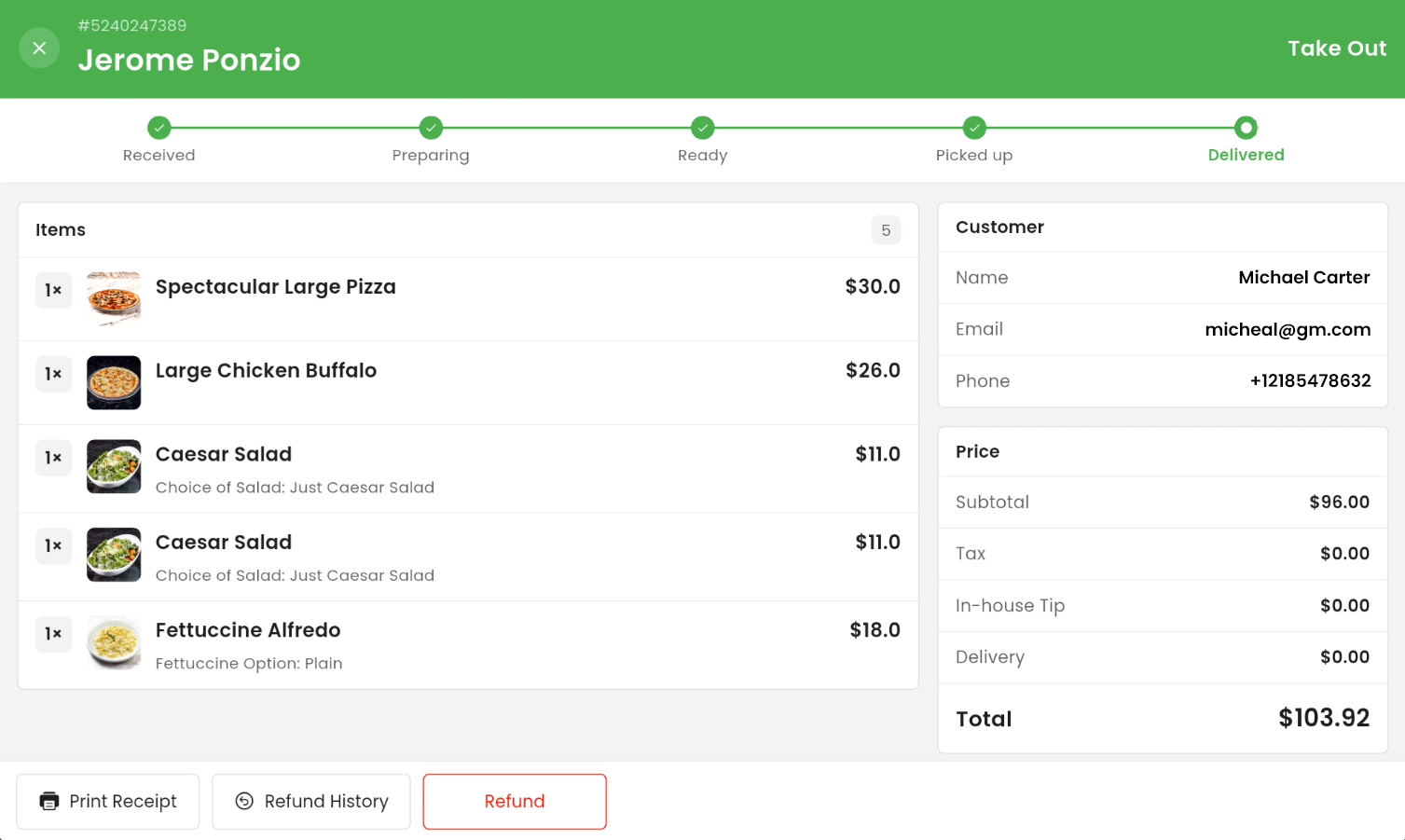Order delivered on tablet