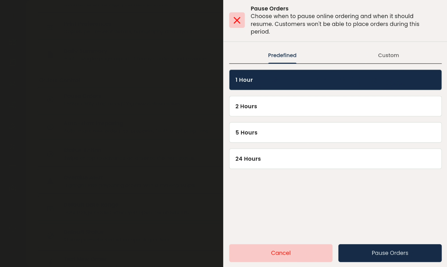 Pause orders settings on tablet