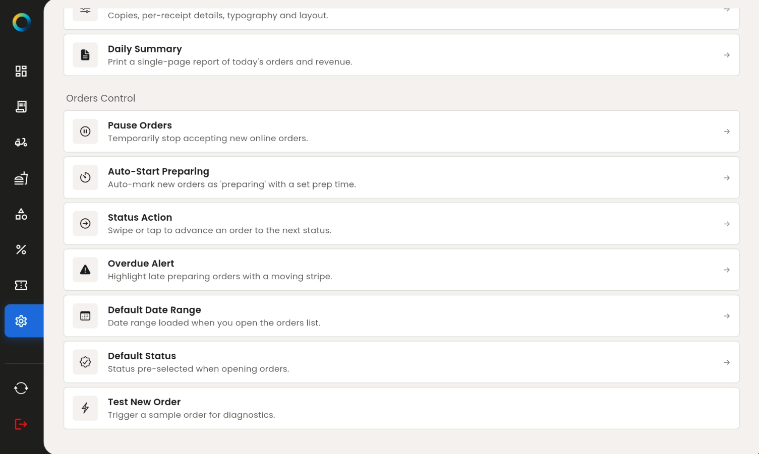 Orders app preferences on tablet