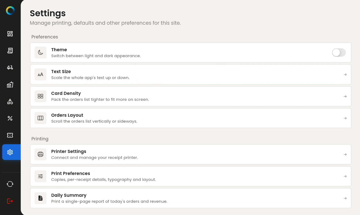 Orders app settings on tablet