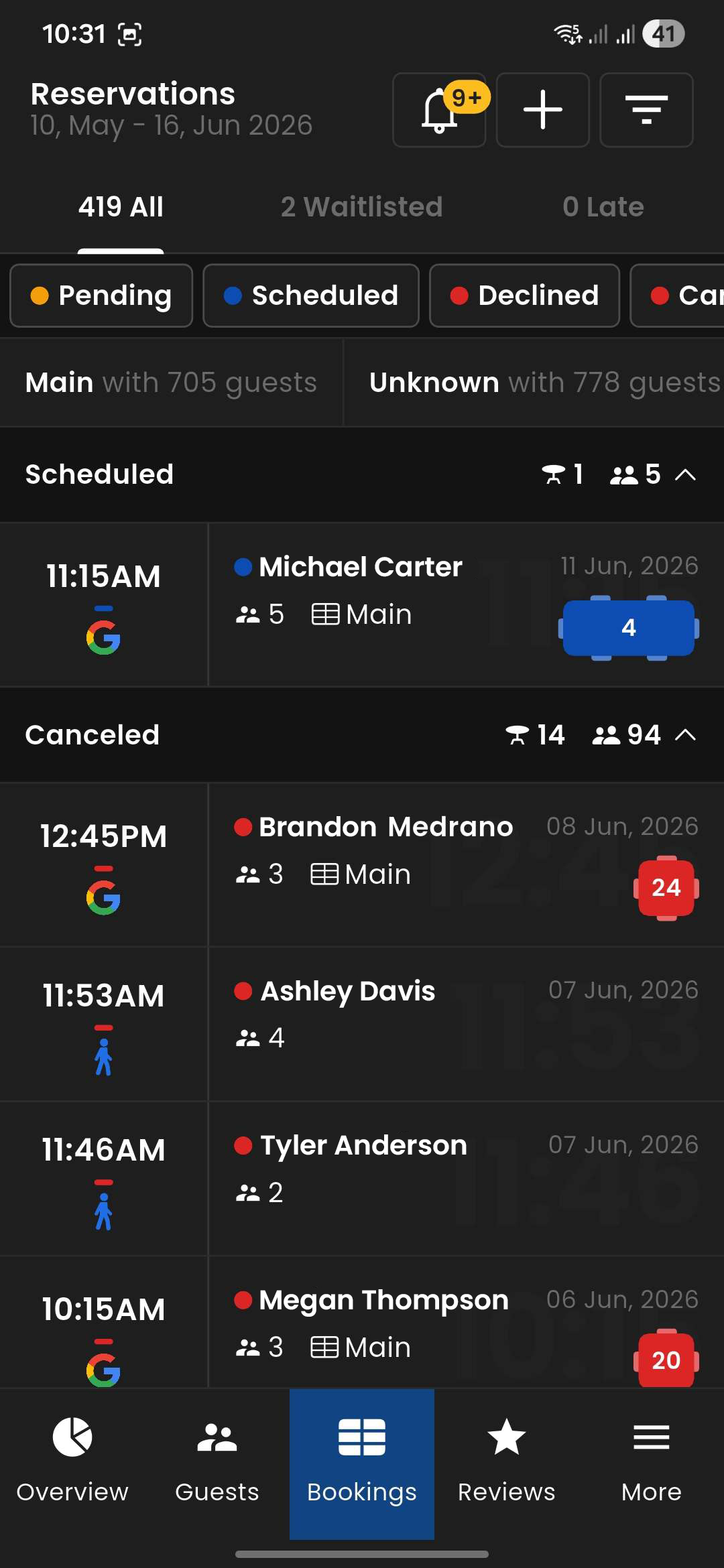 Owner app bookings, dark mode