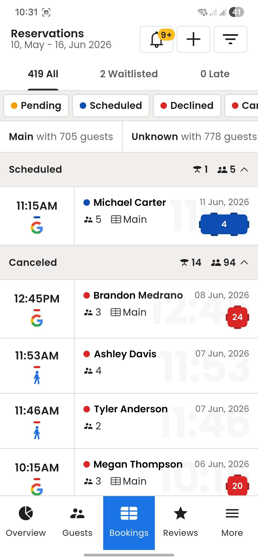 Owner app bookings, light mode