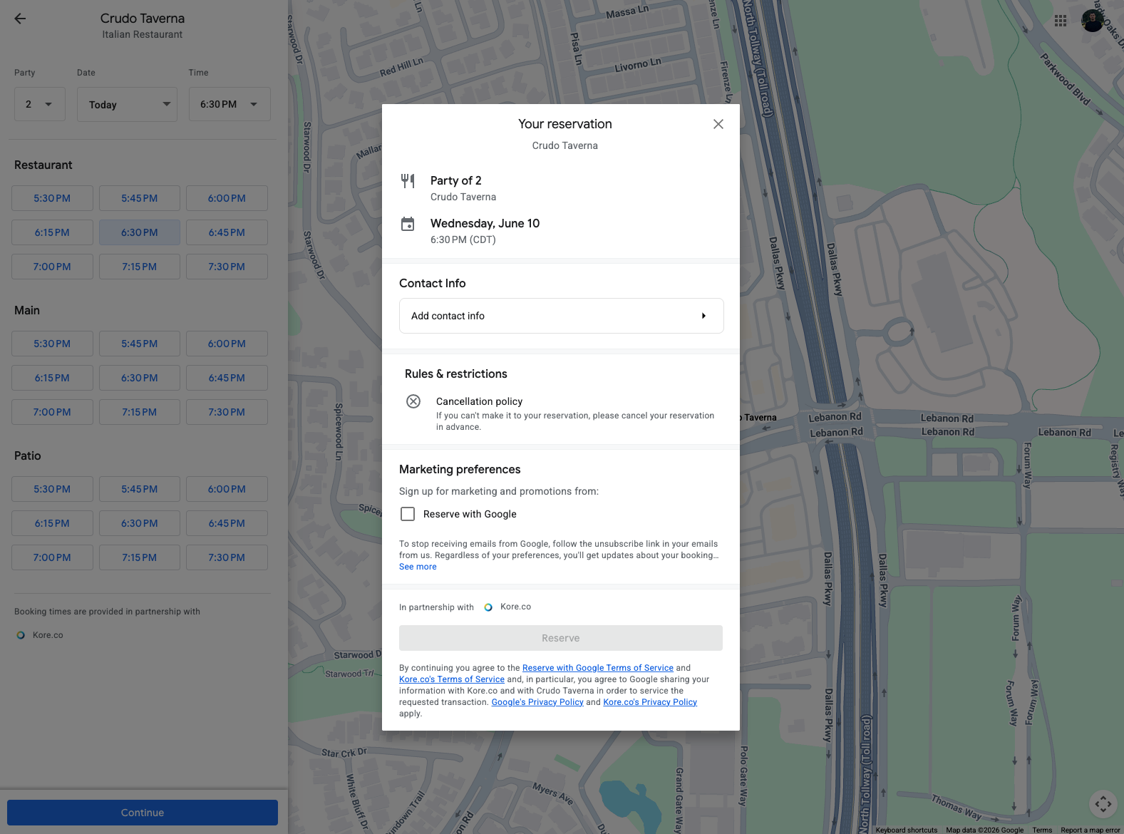Reserve with Google booking flow
