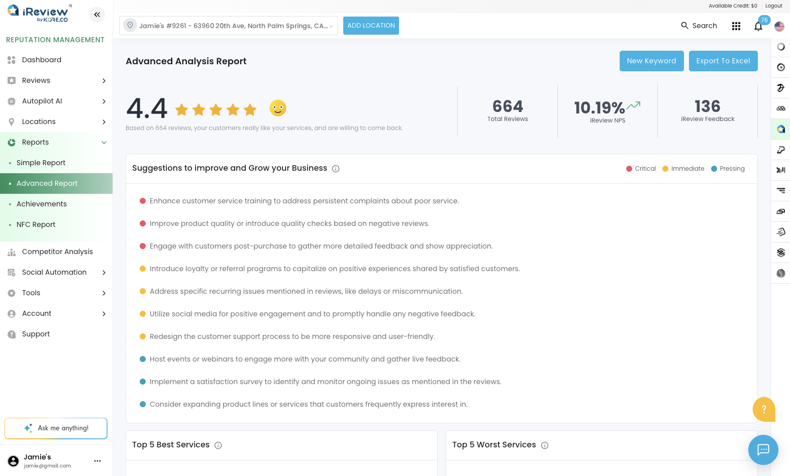 iReview report suggestions for a restaurant in the web app