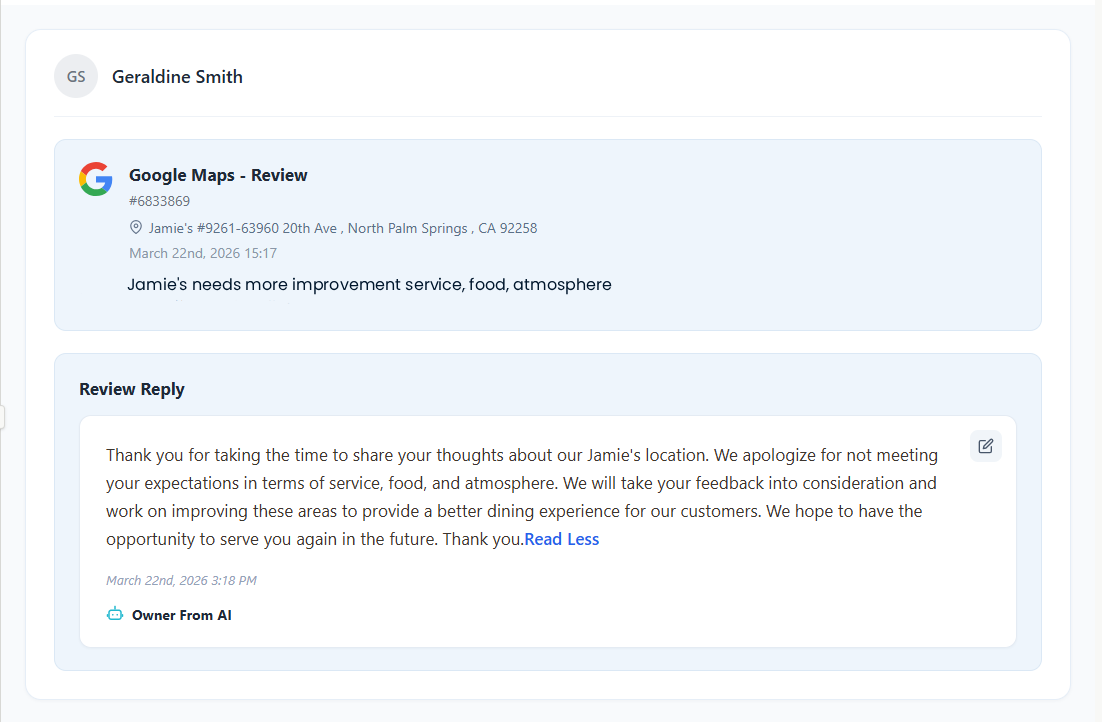 AI-drafted on-brand reply to a Google review