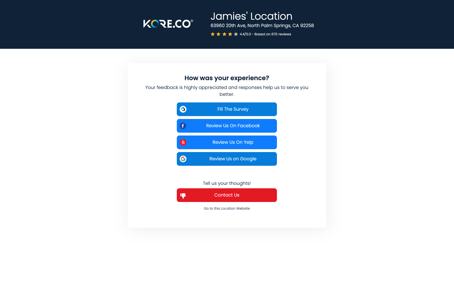 Review landing page guests reach by QR, NFC, or SMS to leave a review