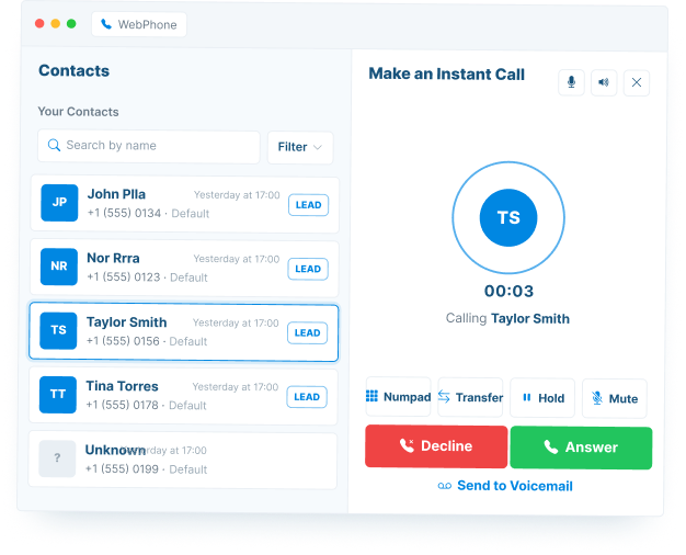 Web-based phone interface in browser